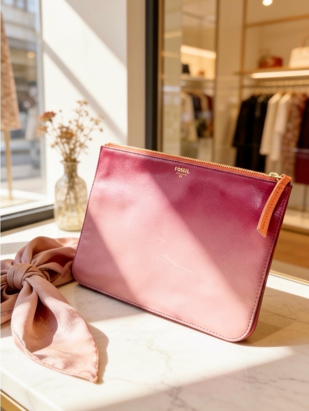 Fossil Burgundy Leather Oversized Clutch, Gold tone Zipper, Minimalist Clutch